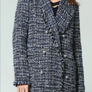 Anthropologie Fate tweed jacket boucle weave frayed edges pearl buttons Size L